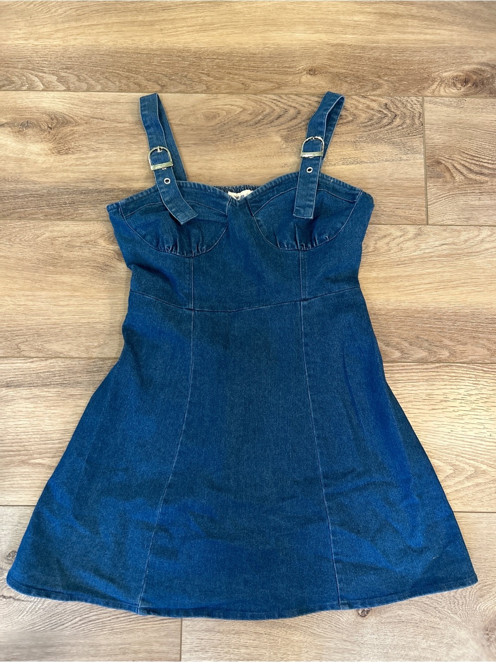 Dark Blue Denim A-Line Mini Dress with Adjustable Straps
